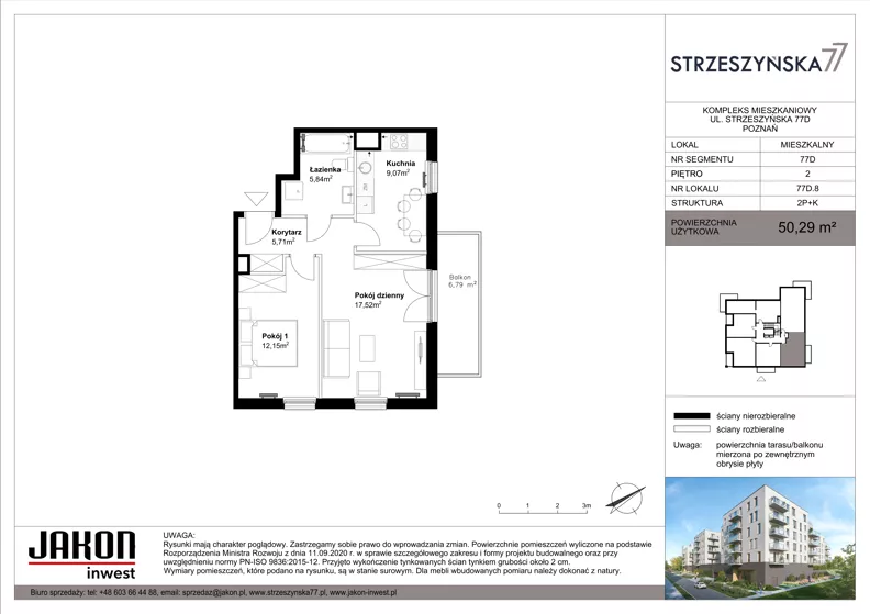 2 pokoje, mieszkanie 50,29 m², piętro 2, oferta nr 77D.8, Strzeszyńska 77, Poznań, Podolany, ul. Strzeszyńska 77