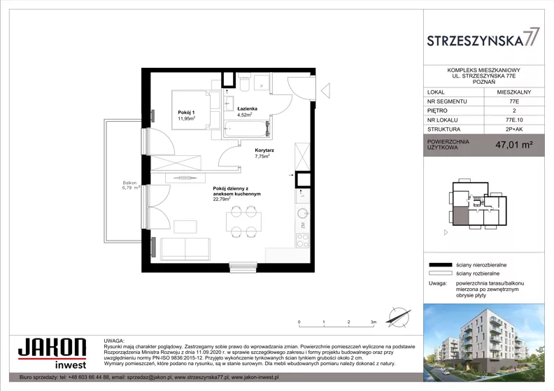 2 pokoje, mieszkanie 47,01 m², piętro 2, oferta nr 77E.10, Strzeszyńska 77, Poznań, Podolany, ul. Strzeszyńska 77