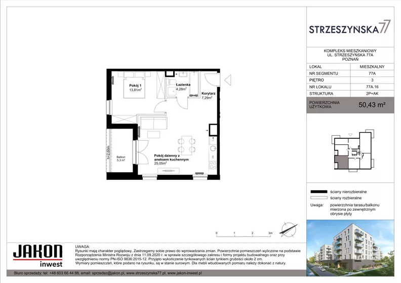 2 pokoje, mieszkanie 50,43 m², piętro 3, oferta nr 77A.16, Strzeszyńska 77, Poznań, Podolany, ul. Strzeszyńska 77
