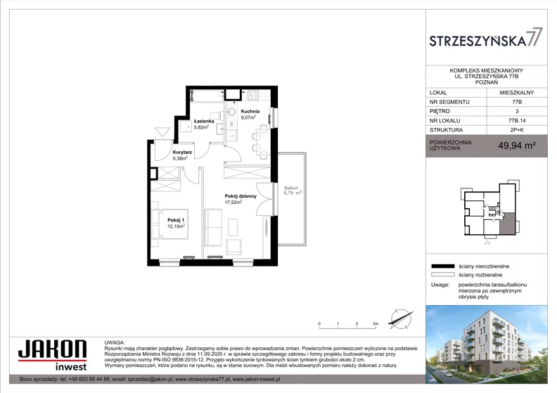2 pokoje, mieszkanie 49,94 m², piętro 3, oferta nr 77B.14, Strzeszyńska 77, Poznań, Podolany, ul. Strzeszyńska 77