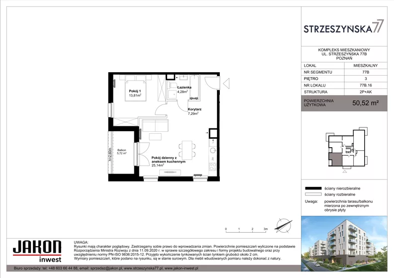 2 pokoje, mieszkanie 50,52 m², piętro 3, oferta nr 77B.16, Strzeszyńska 77, Poznań, Podolany, ul. Strzeszyńska 77
