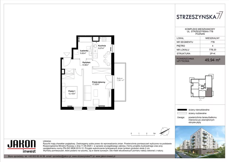 2 pokoje, mieszkanie 49,94 m², piętro 4, oferta nr 77B.20, Strzeszyńska 77, Poznań, Podolany, ul. Strzeszyńska 77