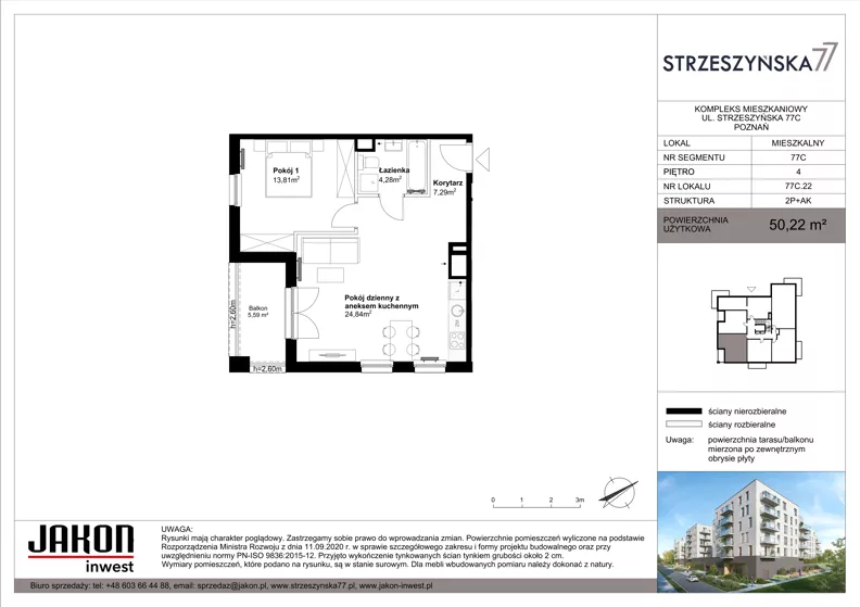 2 pokoje, mieszkanie 50,22 m², piętro 4, oferta nr 77C.22, Strzeszyńska 77, Poznań, Podolany, ul. Strzeszyńska 77