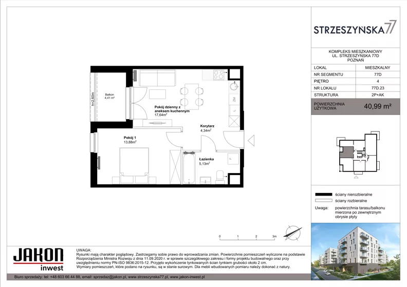 2 pokoje, mieszkanie 40,99 m², piętro 4, oferta nr 77D.23, Strzeszyńska 77, Poznań, Podolany, ul. Strzeszyńska 77
