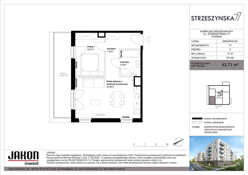 2 pokoje, mieszkanie 42,71 m², piętro 5, oferta nr 77.27, Strzeszyńska 77, Poznań, Podolany, ul. Strzeszyńska 77