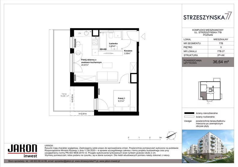 2 pokoje, mieszkanie 36,64 m², piętro 5, oferta nr 77B.27, Strzeszyńska 77, Poznań, Podolany, ul. Strzeszyńska 77