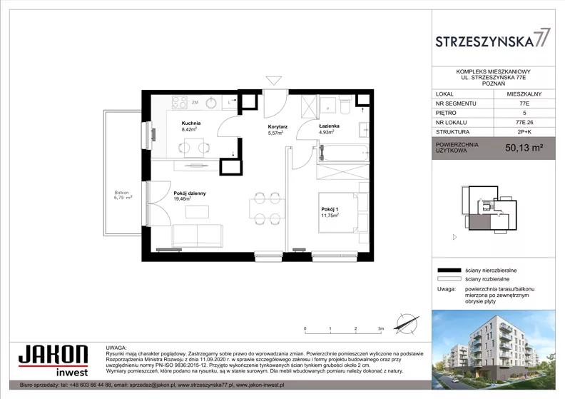 2 pokoje, mieszkanie 50,13 m², piętro 5, oferta nr 77E.26, Strzeszyńska 77, Poznań, Podolany, ul. Strzeszyńska 77