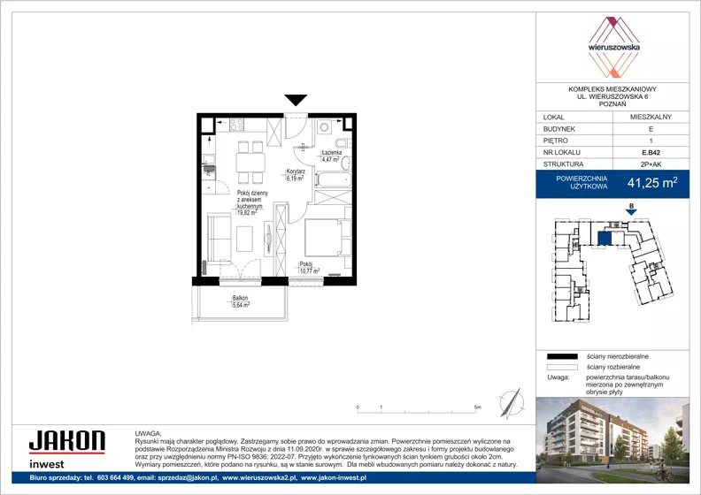 2 pokoje, mieszkanie 41,25 m², piętro 1, oferta nr E.B42, Wieruszowska, Poznań, Grunwald, Junikowo, ul. Wieruszowska 4