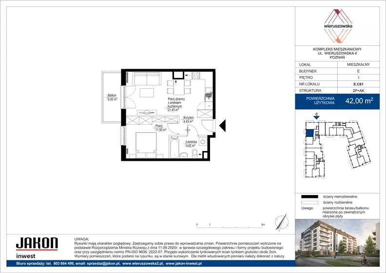 2 pokoje, mieszkanie 42,00 m², piętro 1, oferta nr E.C81, Wieruszowska, Poznań, Grunwald, Junikowo, ul. Wieruszowska 4