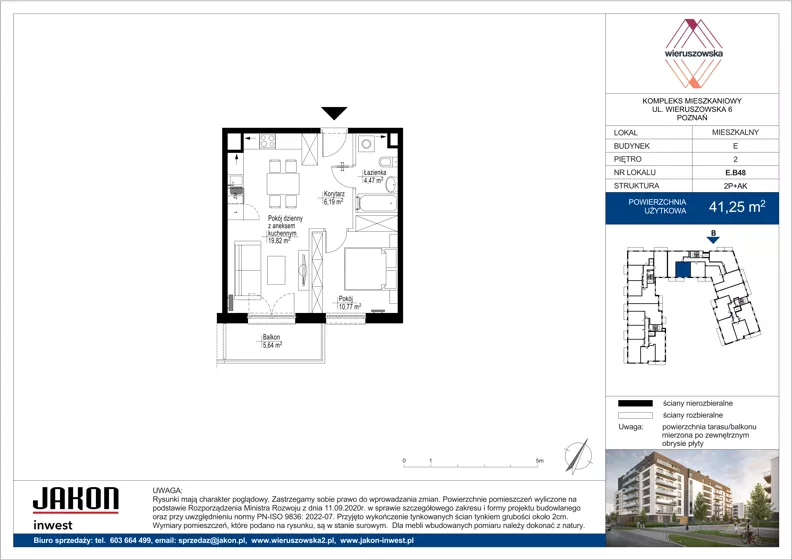 2 pokoje, mieszkanie 41,25 m², piętro 2, oferta nr E.B48, Wieruszowska, Poznań, Grunwald, Junikowo, ul. Wieruszowska 4