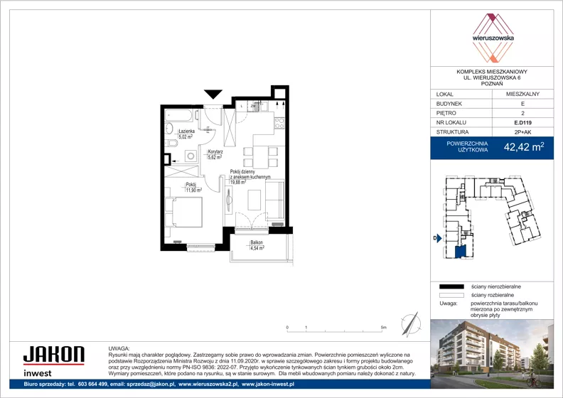 2 pokoje, mieszkanie 42,42 m², piętro 2, oferta nr E.D119, Wieruszowska, Poznań, Grunwald, Junikowo, ul. Wieruszowska 4