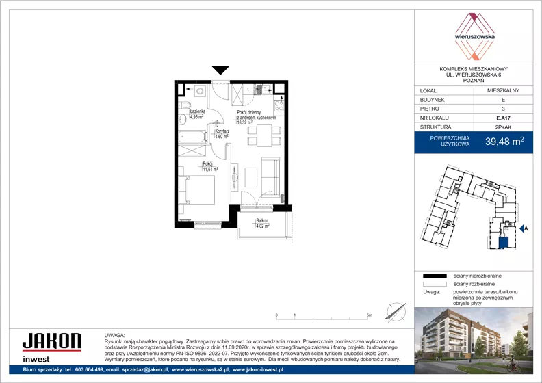 2 pokoje, mieszkanie 39,48 m², piętro 3, oferta nr E.A17, Wieruszowska, Poznań, Grunwald, Junikowo, ul. Wieruszowska 4