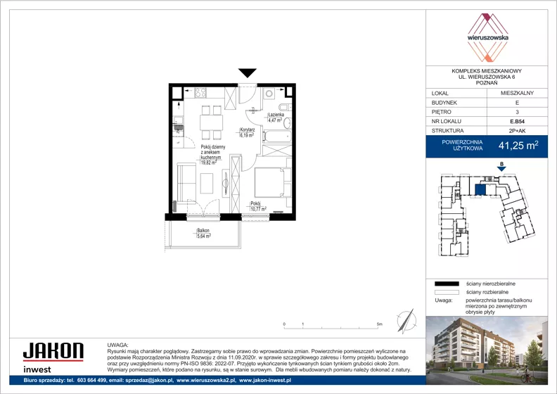 2 pokoje, mieszkanie 41,25 m², piętro 3, oferta nr E.B54, Wieruszowska, Poznań, Grunwald, Junikowo, ul. Wieruszowska 4