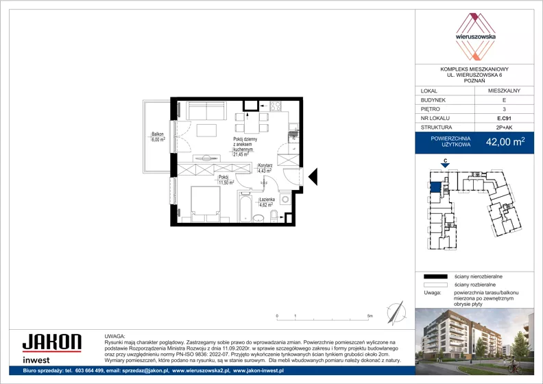 2 pokoje, mieszkanie 42,00 m², piętro 3, oferta nr E.C91, Wieruszowska, Poznań, Grunwald, Junikowo, ul. Wieruszowska 4