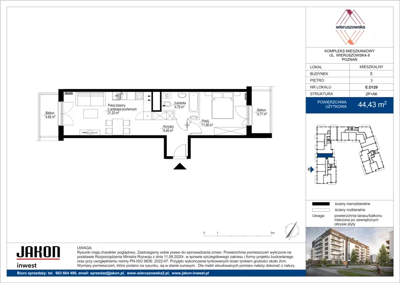 2 pokoje, mieszkanie 44,43 m², piętro 3, oferta nr E.D129, Wieruszowska, Poznań, Grunwald, Junikowo, ul. Wieruszowska 4