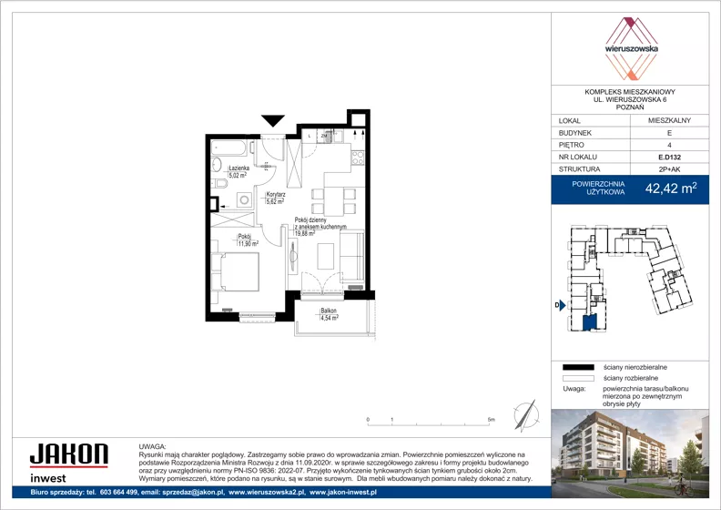 2 pokoje, mieszkanie 42,42 m², piętro 4, oferta nr E.D132, Wieruszowska, Poznań, Grunwald, Junikowo, ul. Wieruszowska 4