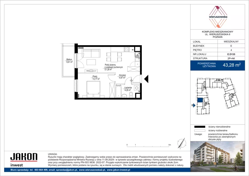 2 pokoje, mieszkanie 43,28 m², piętro 4, oferta nr E.D135, Wieruszowska, Poznań, Grunwald, Junikowo, ul. Wieruszowska 4