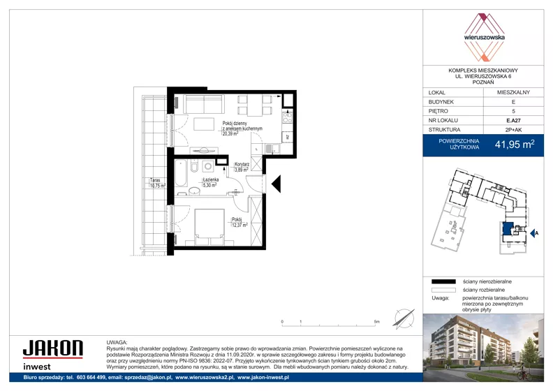 2 pokoje, mieszkanie 41,95 m², piętro 5, oferta nr E.A27, Wieruszowska, Poznań, Grunwald, Junikowo, ul. Wieruszowska 4