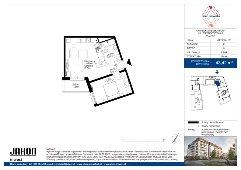 2 pokoje, mieszkanie 43,42 m², piętro 5, oferta nr E.B64, Wieruszowska, Poznań, Grunwald, Junikowo, ul. Wieruszowska 4