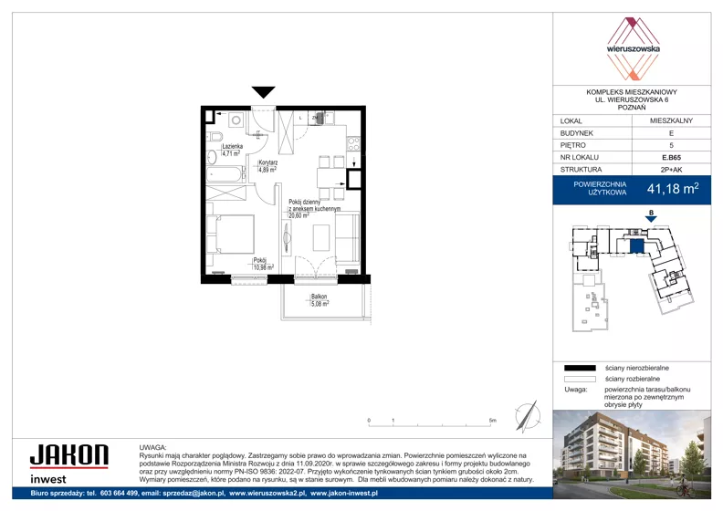 2 pokoje, mieszkanie 41,18 m², piętro 5, oferta nr E.B65, Wieruszowska, Poznań, Grunwald, Junikowo, ul. Wieruszowska 4