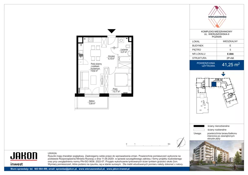 2 pokoje, mieszkanie 41,25 m², piętro 5, oferta nr E.B66, Wieruszowska, Poznań, Grunwald, Junikowo, ul. Wieruszowska 4