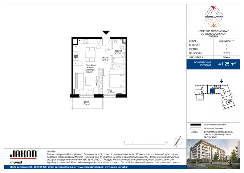 2 pokoje, mieszkanie 41,25 m², piętro 6, oferta nr E.B72, Wieruszowska, Poznań, Grunwald, Junikowo, ul. Wieruszowska 4