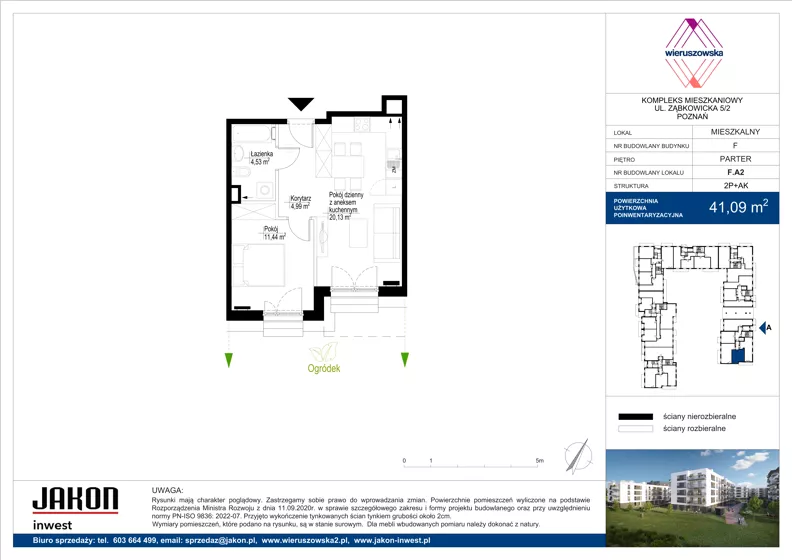 2 pokoje, mieszkanie 41,09 m², parter, oferta nr F.A2, Wieruszowska, Poznań, Grunwald, Junikowo, ul. Wieruszowska 4