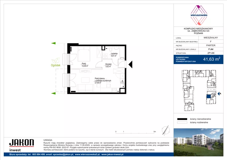 2 pokoje, mieszkanie 41,63 m², parter, oferta nr F.A4, Wieruszowska, Poznań, Grunwald, Junikowo, ul. Wieruszowska 4