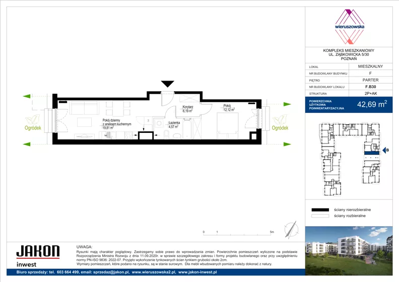2 pokoje, mieszkanie 42,69 m², parter, oferta nr F.B30, Wieruszowska, Poznań, Grunwald, Junikowo, ul. Wieruszowska 4
