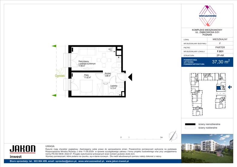 2 pokoje, mieszkanie 37,30 m², parter, oferta nr F.B31, Wieruszowska, Poznań, Grunwald, Junikowo, ul. Wieruszowska 4