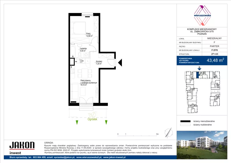 2 pokoje, mieszkanie 43,48 m², parter, oferta nr F.D70, Wieruszowska, Poznań, Grunwald, Junikowo, ul. Wieruszowska 4