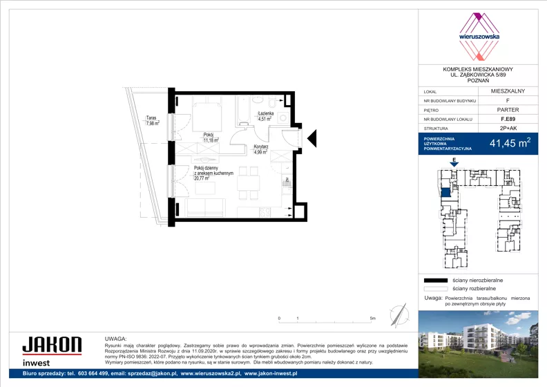 2 pokoje, mieszkanie 41,45 m², parter, oferta nr F.E89, Wieruszowska, Poznań, Grunwald, Junikowo, ul. Wieruszowska 4