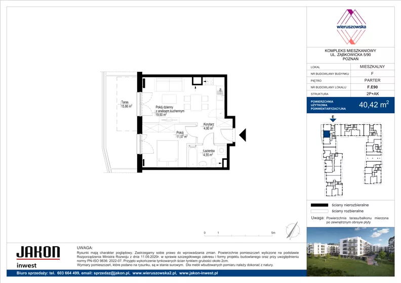 2 pokoje, mieszkanie 40,42 m², parter, oferta nr F.E90, Wieruszowska, Poznań, Grunwald, Junikowo, ul. Wieruszowska 4