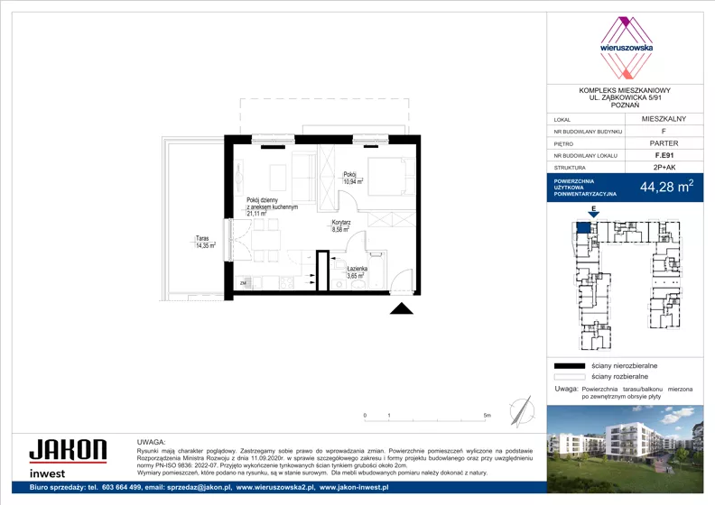 2 pokoje, mieszkanie 44,28 m², parter, oferta nr F.E91, Wieruszowska, Poznań, Grunwald, Junikowo, ul. Wieruszowska 4