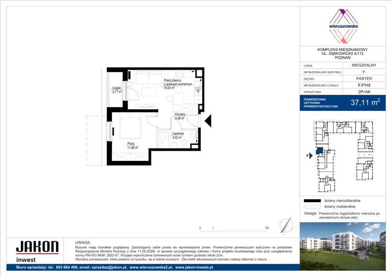 2 pokoje, mieszkanie 37,11 m², parter, oferta nr F.F112, Wieruszowska, Poznań, Grunwald, Junikowo, ul. Wieruszowska 4