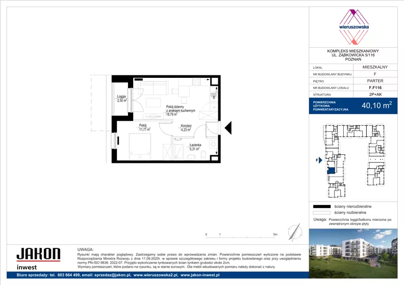2 pokoje, mieszkanie 40,10 m², parter, oferta nr F.F116, Wieruszowska, Poznań, Grunwald, Junikowo, ul. Wieruszowska 4