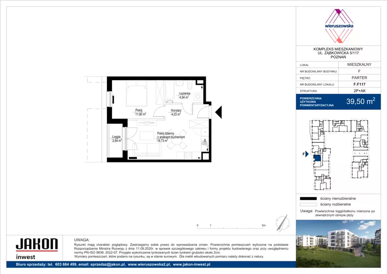 2 pokoje, mieszkanie 39,50 m², parter, oferta nr F.F117, Wieruszowska, Poznań, Grunwald, Junikowo, ul. Wieruszowska 4
