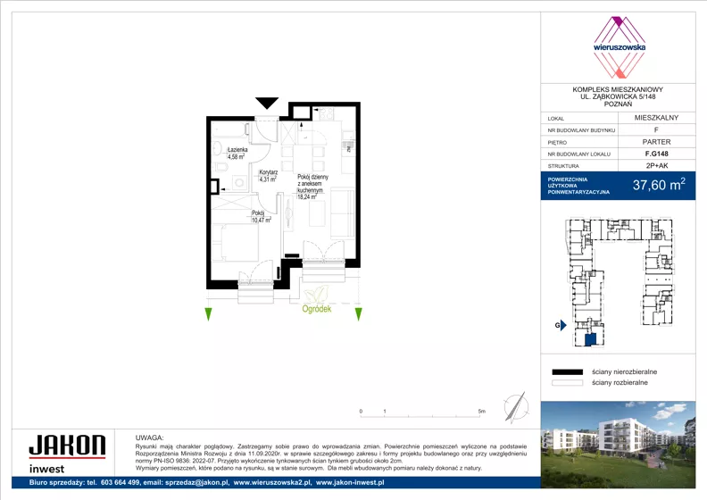 2 pokoje, mieszkanie 37,60 m², parter, oferta nr F.G148, Wieruszowska, Poznań, Grunwald, Junikowo, ul. Wieruszowska 4