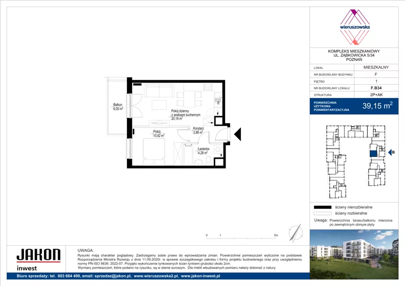 2 pokoje, mieszkanie 39,15 m², piętro 1, oferta nr F.B34, Wieruszowska, Poznań, Grunwald, Junikowo, ul. Wieruszowska 4