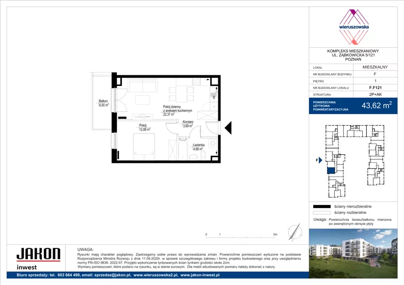 2 pokoje, mieszkanie 43,62 m², piętro 1, oferta nr F.F121, Wieruszowska, Poznań, Grunwald, Junikowo, ul. Wieruszowska 4