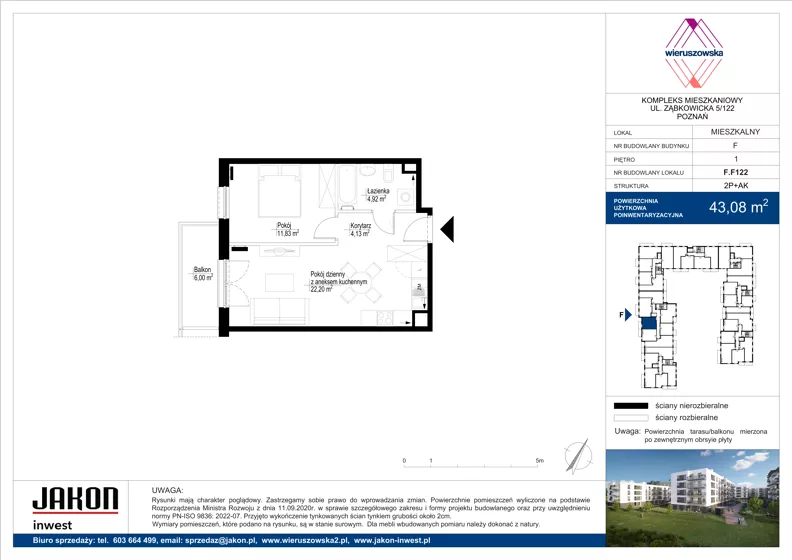 2 pokoje, mieszkanie 43,08 m², piętro 1, oferta nr F.F122, Wieruszowska, Poznań, Grunwald, Junikowo, ul. Wieruszowska 4