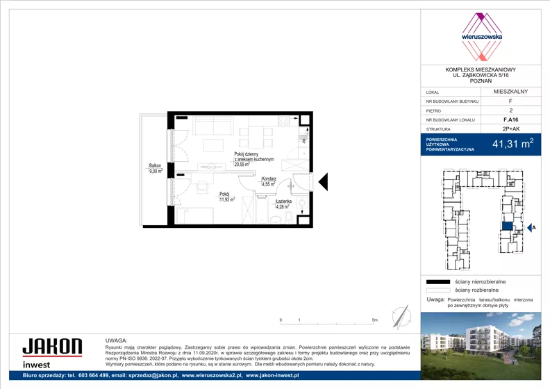 2 pokoje, mieszkanie 41,31 m², piętro 2, oferta nr F.A16, Wieruszowska, Poznań, Grunwald, Junikowo, ul. Wieruszowska 4