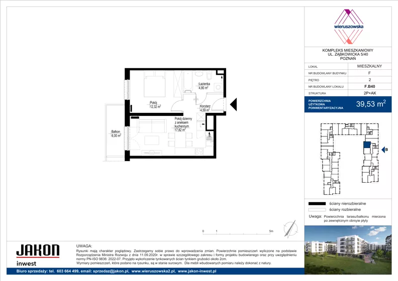 2 pokoje, mieszkanie 39,53 m², piętro 2, oferta nr F.B40, Wieruszowska, Poznań, Grunwald, Junikowo, ul. Wieruszowska 4