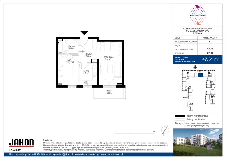2 pokoje, mieszkanie 47,51 m², piętro 2, oferta nr F.D76, Wieruszowska, Poznań, Grunwald, Junikowo, ul. Wieruszowska 4