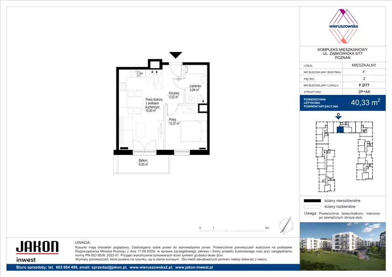 2 pokoje, mieszkanie 40,33 m², piętro 2, oferta nr F.D77, Wieruszowska, Poznań, Grunwald, Junikowo, ul. Wieruszowska 4