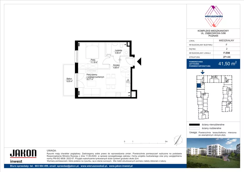 2 pokoje, mieszkanie 41,50 m², piętro 2, oferta nr F.E98, Wieruszowska, Poznań, Grunwald, Junikowo, ul. Wieruszowska 4