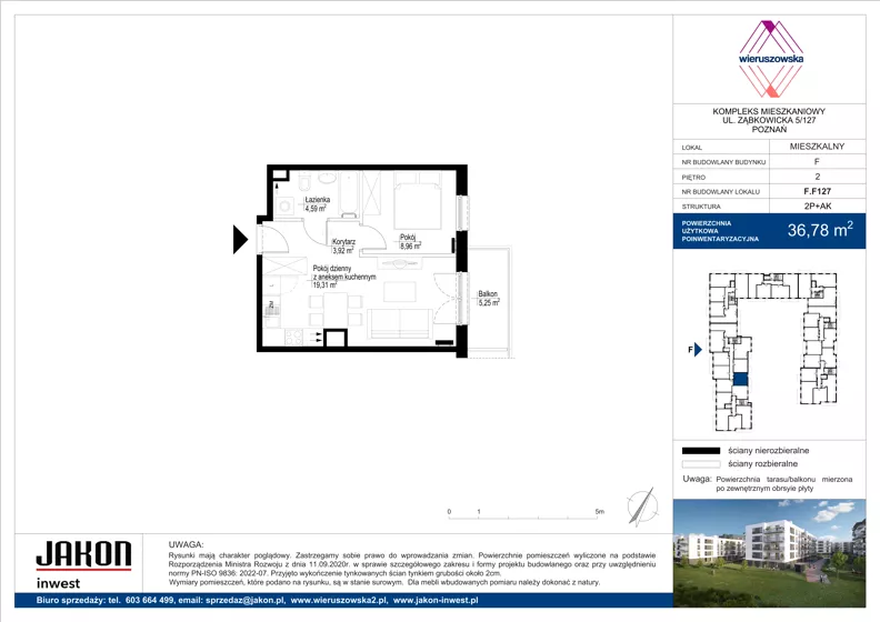 2 pokoje, mieszkanie 36,78 m², piętro 2, oferta nr F.F127, Wieruszowska, Poznań, Grunwald, Junikowo, ul. Wieruszowska 4