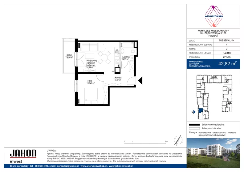 2 pokoje, mieszkanie 42,82 m², piętro 2, oferta nr F.G158, Wieruszowska, Poznań, Grunwald, Junikowo, ul. Wieruszowska 4