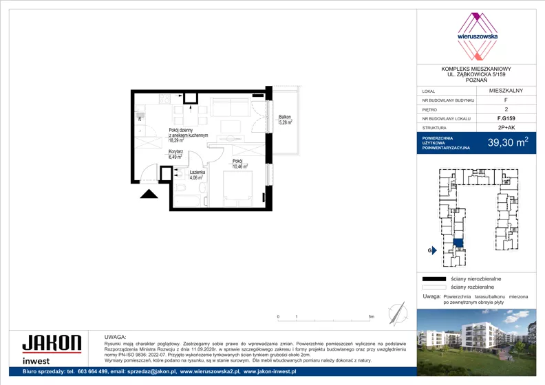 2 pokoje, mieszkanie 39,30 m², piętro 2, oferta nr F.G159, Wieruszowska, Poznań, Grunwald, Junikowo, ul. Wieruszowska 4