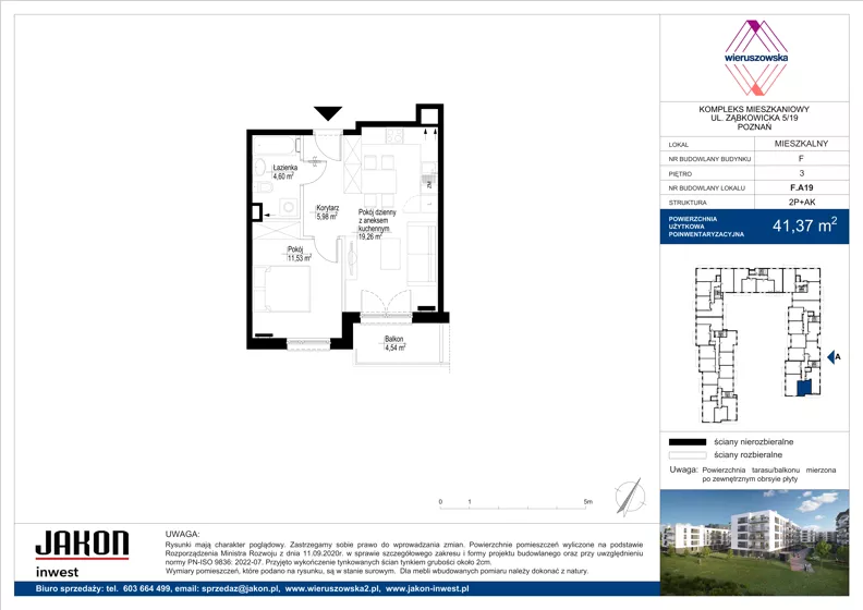 2 pokoje, mieszkanie 41,37 m², piętro 3, oferta nr F.A19, Wieruszowska, Poznań, Grunwald, Junikowo, ul. Wieruszowska 4
